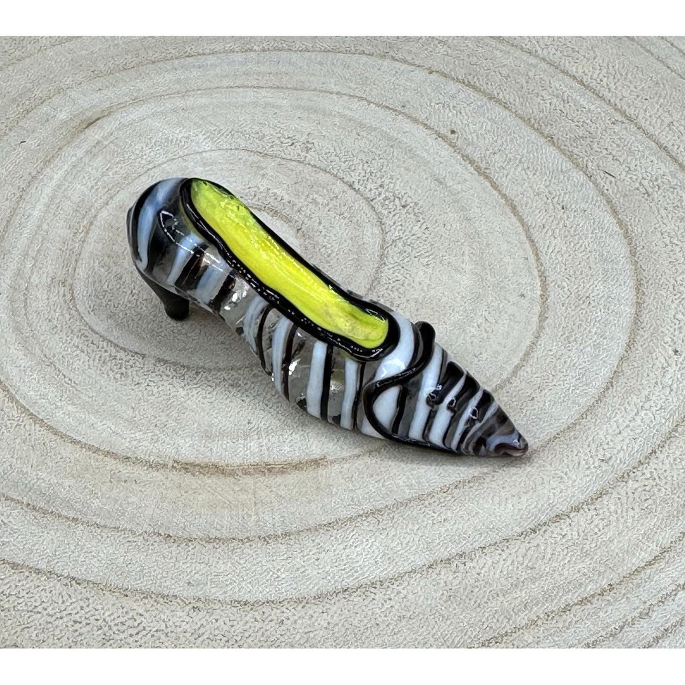 Vintage Art‎ Glass Mini Slipper High Heel Shoe Striped White Black Yellow